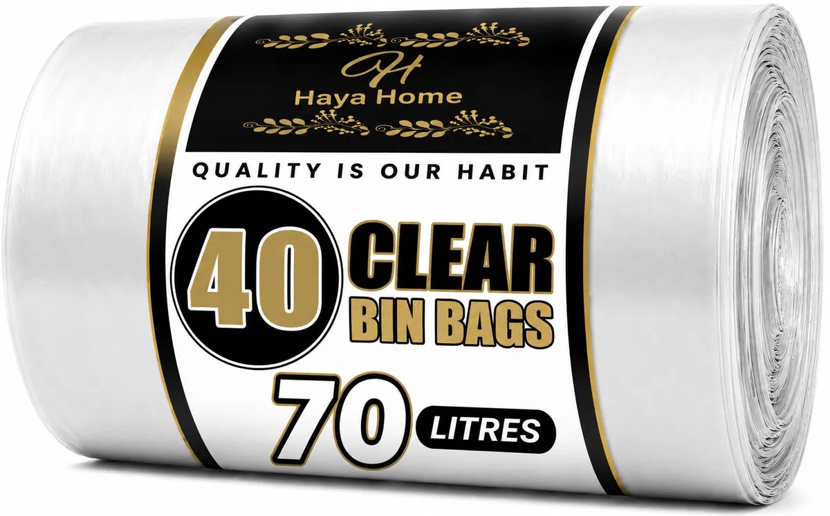 Haya Home - 40 sacchetti trasparenti per la raccolta differenziata, 70 l, sacchetti per la spazzatura e per la spazzatura da 120 gauge, resistenti, in materiale riciclato al 100%