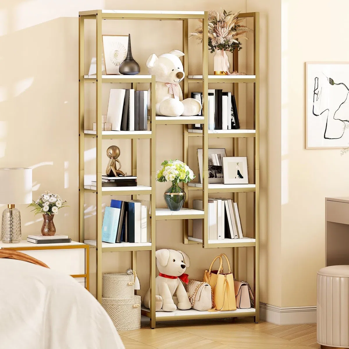 YITAHOME Scaffale dorato a 6 livelli, scaffale moderno da 71 pollici di altezza con ripiano a 12 ripiani, ripiano in marmo sintetico aperto per soggiorno, camera da letto,