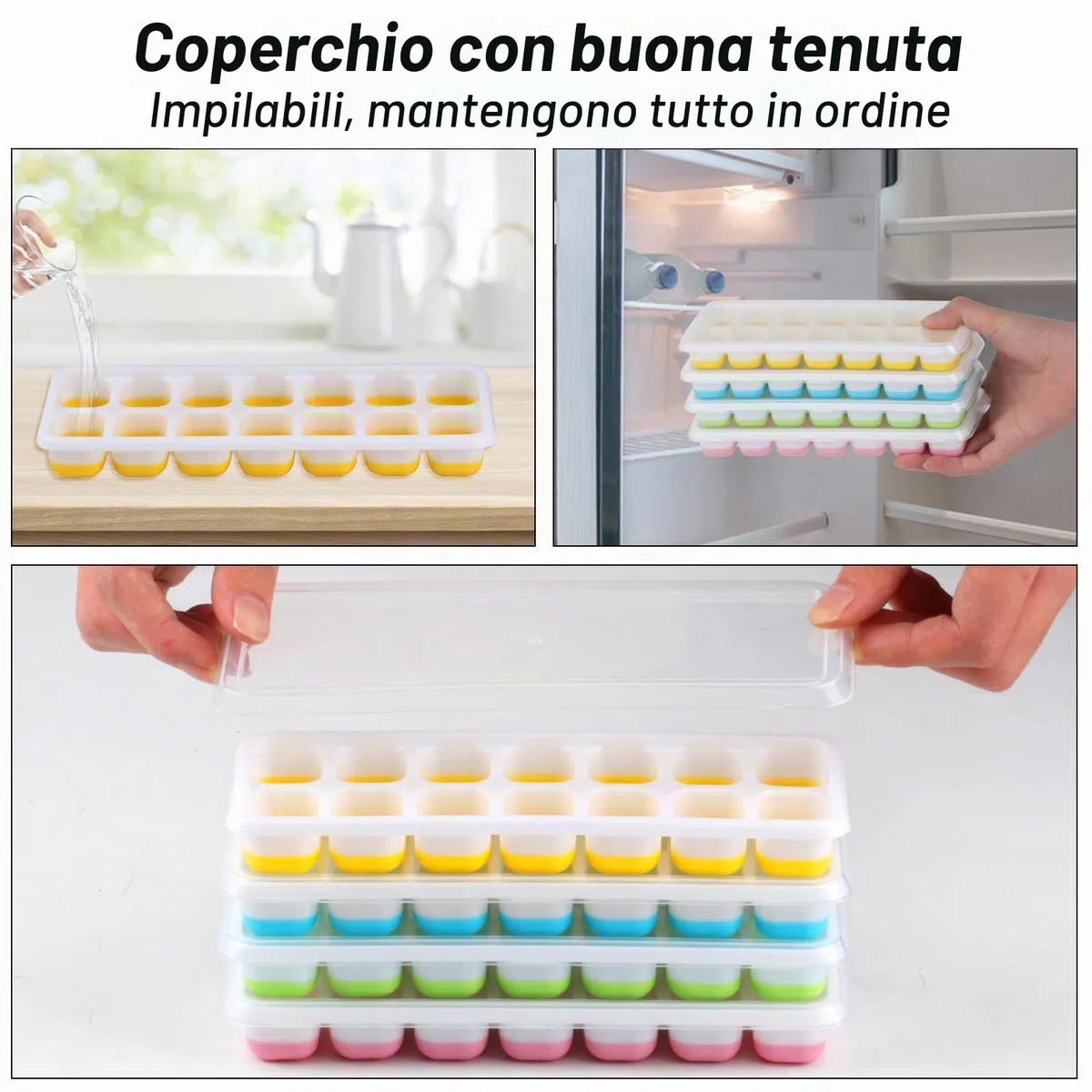4 vassoi per vassoi per cubetti di ghiaccio in silicone con coperchi, vassoi per cubetti di ghiaccio impilabili senza BPA per cubetti di ghiaccio. Viene fornito con pinze per cubetti di ghiaccio