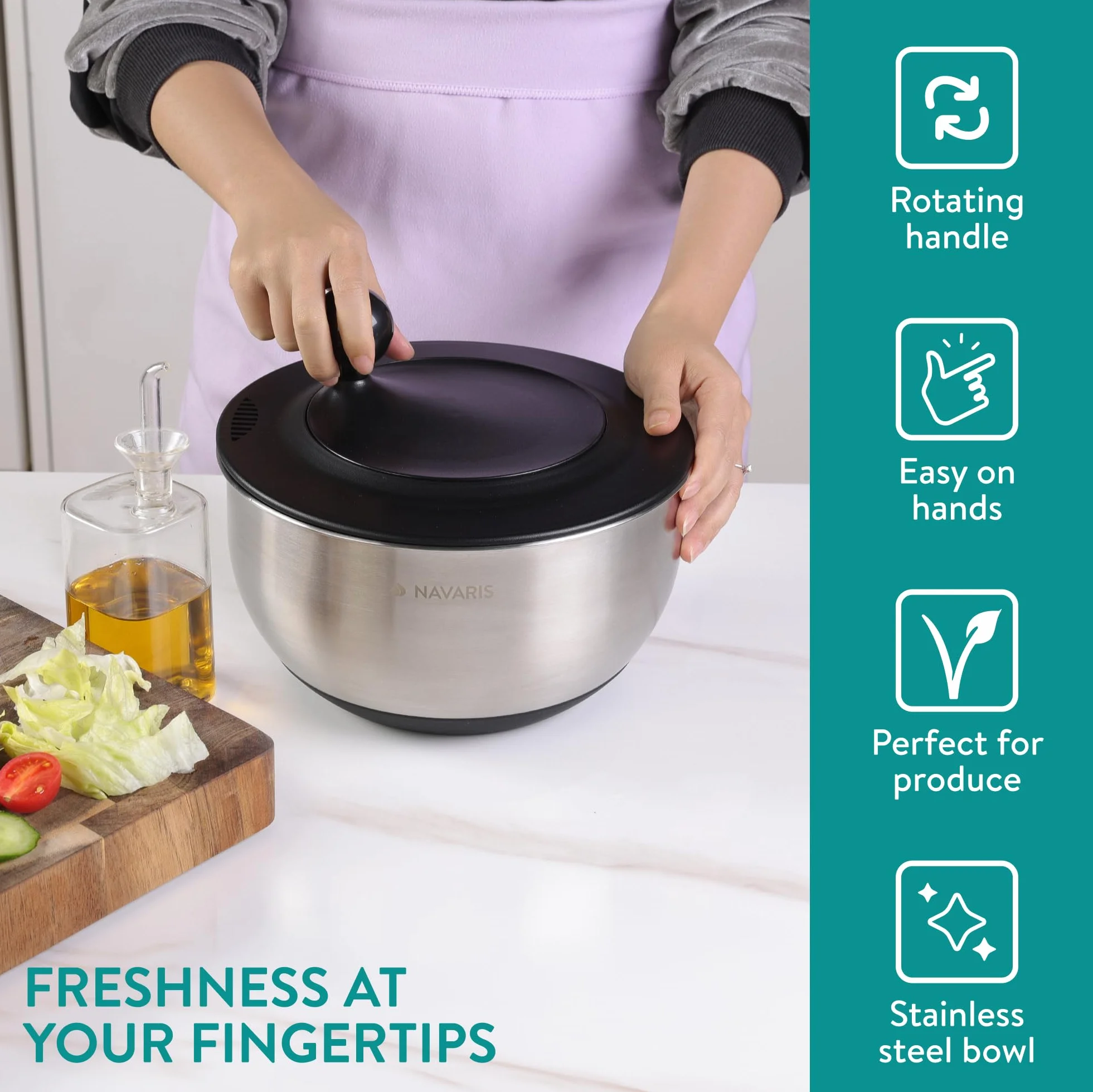 Navaris Centrifuga per Insalata con Coperchio - Gira Insalata in Acciaio Inox - Asciuga Insalata - Lavaggio Asciugatura e Rotazione Facili - con Dischi per Grattugiare e Tagliare