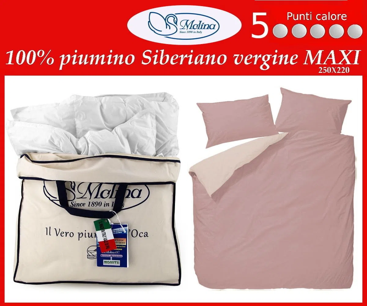 Molina Piumino Matrimoniale Perla 250x220 – 100% Piuma d’Oca Vergine Siberiana – 5 Punti Calore, Anallergico, Invernale Premium Made in Italy + copripiumino double-face var. (Rosa chiaro/Rosa scuro)