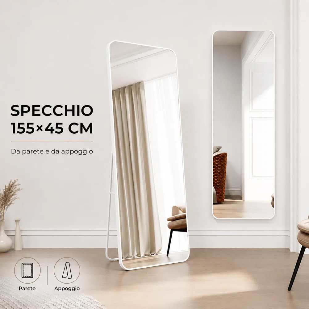 Shally Dogan Specchio da Terra e da Muro Rettangolare, Stand Autoportante Indipendente e da Parete, Decorazione Interna, Design Minimal, Figura Intera e Cornice in Alluminio, 155 x 45 cm, Bianco