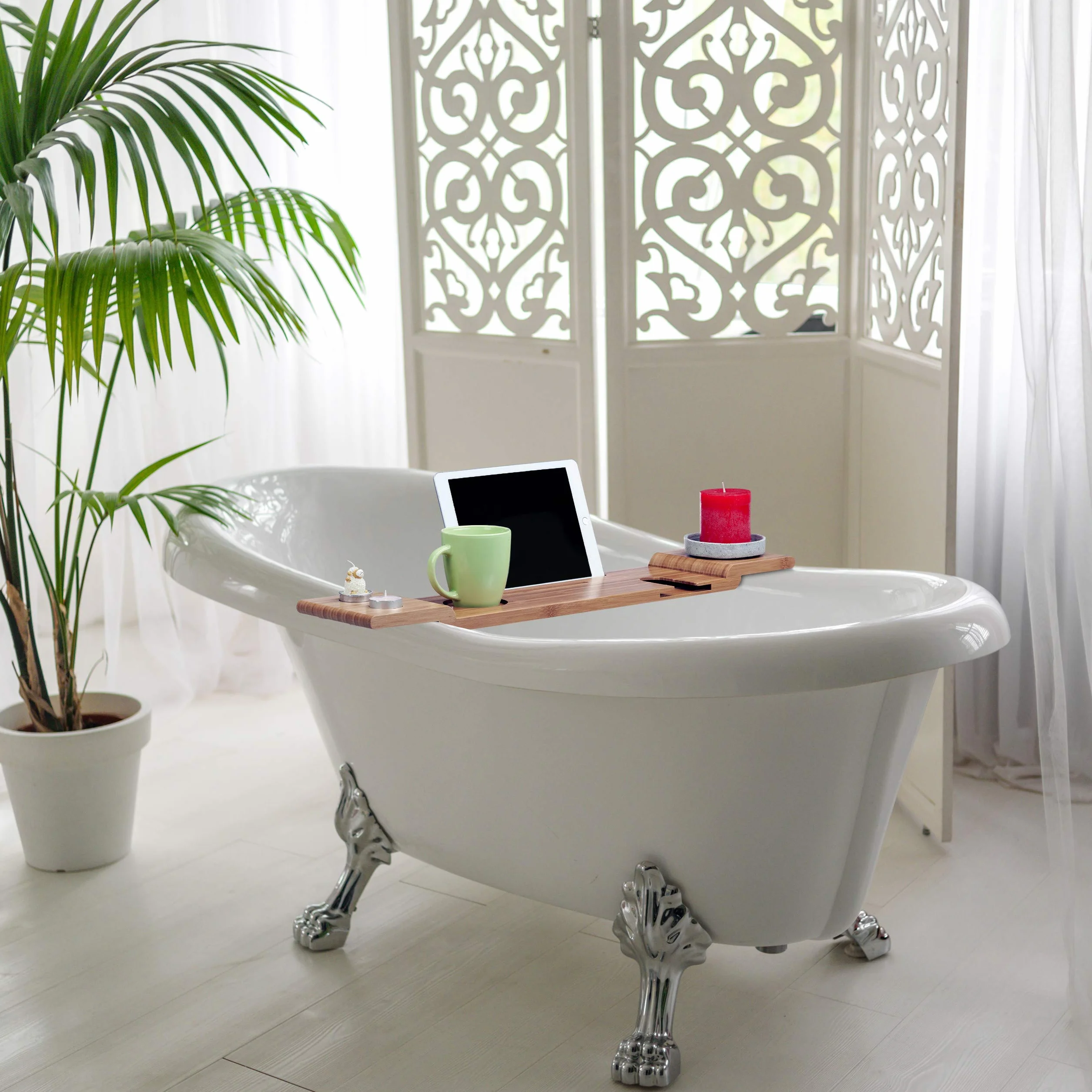 Relaxdays Vassoio Vasca da Bagno, in bambù, Mensola Portaoggetti da Appendere, Ripiano in Vetro, L: 70 cm, Naturale