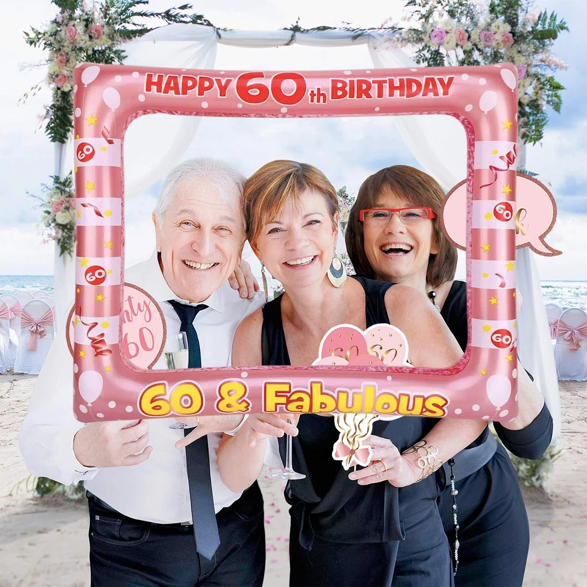 Photobooth 60 anni, 34 pezzi, kit fotografico per compleanno, rosa oro, fotobooth compleanno, rosa oro, fotobooth compleanno con cornice per foto 60 anni, props photobooth, accessori per selfie