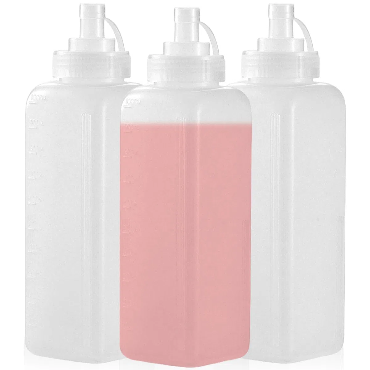 BAIFULAI 3 bottiglie da spremere, 1000 ml, in plastica, con cappuccio, dosatore, trasparente, senza perdite, per pittura, ketchup, salsa piccante, olio d'oliva