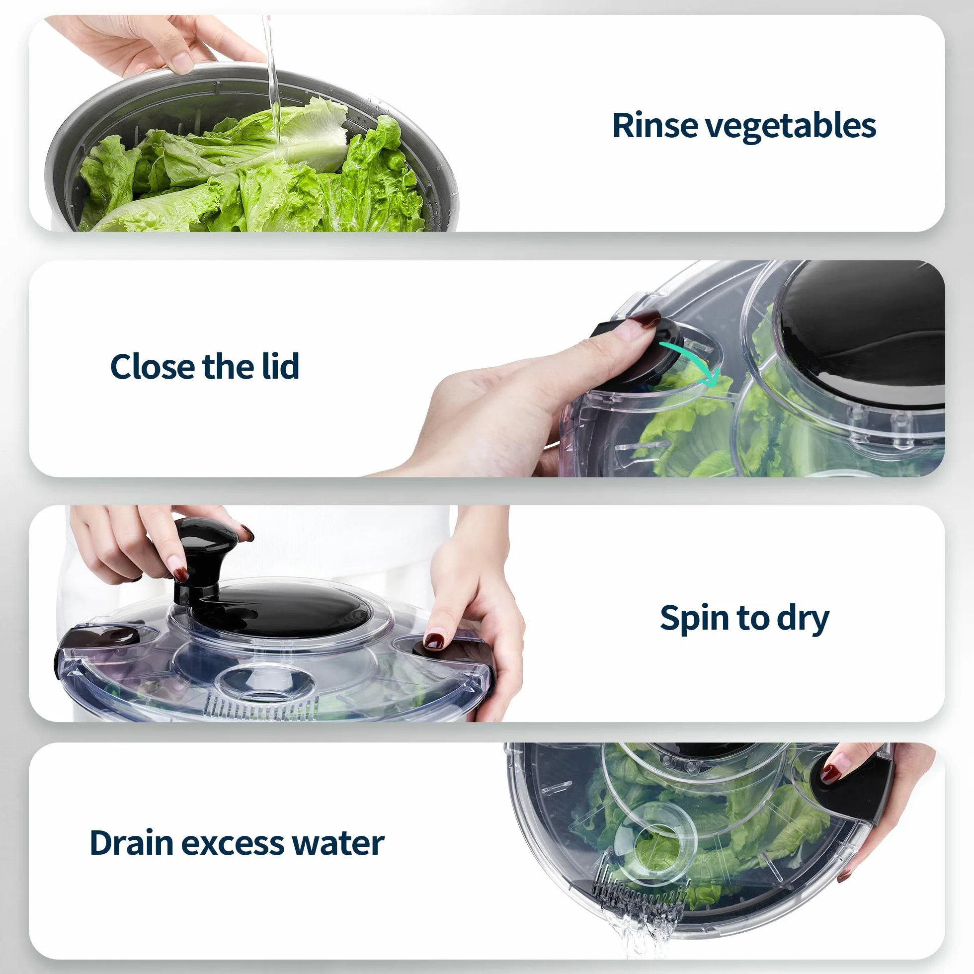 SveBake centrifuga insalata in acciaio inox 18/10 con manovella e ciotola da 4,5 litri, asciuga insalata centrifuga, lavabile in lavastoviglie