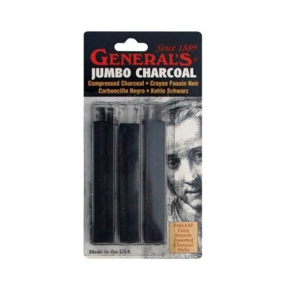 General Pencil 136357 Jumbo - Bastoncini di carbone compresso, nero, confezione da 3