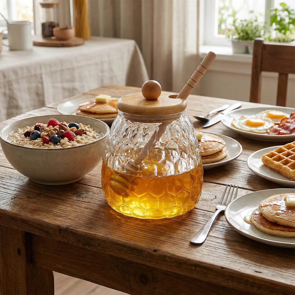 Vasetto per Miele Vetro con Coperchi Bastoncino Cucchiaio e Vassoio, 550 ml Trasparente Dosatore Miele per Cucina, Honey Pot a Bocca Larga, Contenitore in Vetro per Conservare e Sciroppo