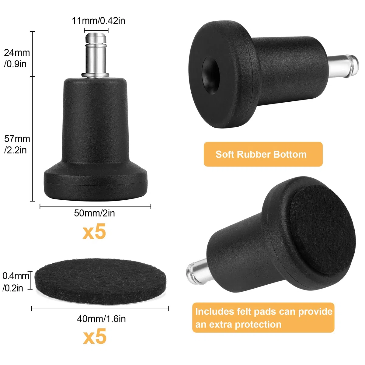 5 Piedini Fissi Sedia Girevole Ufficio, Perno 11x22mm Zoccolo, con 6 cuscinetti in feltro autoadesivi, Piedi Sostituzione Ruote Sedie Poltrona Scrivania Mobili - Nero