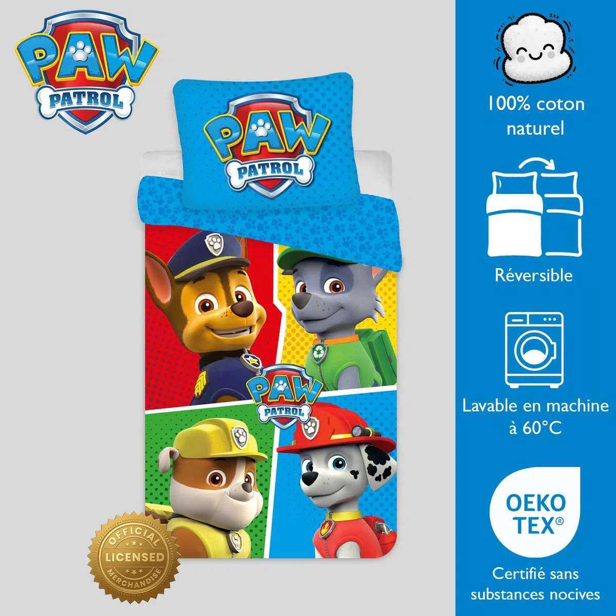 Paw Patrol - Biancheria da letto per bambini, 2 pezzi, copripiumino 100 x 135 cm + federa 40 x 60 cm, 100% cotone Öko-Tex