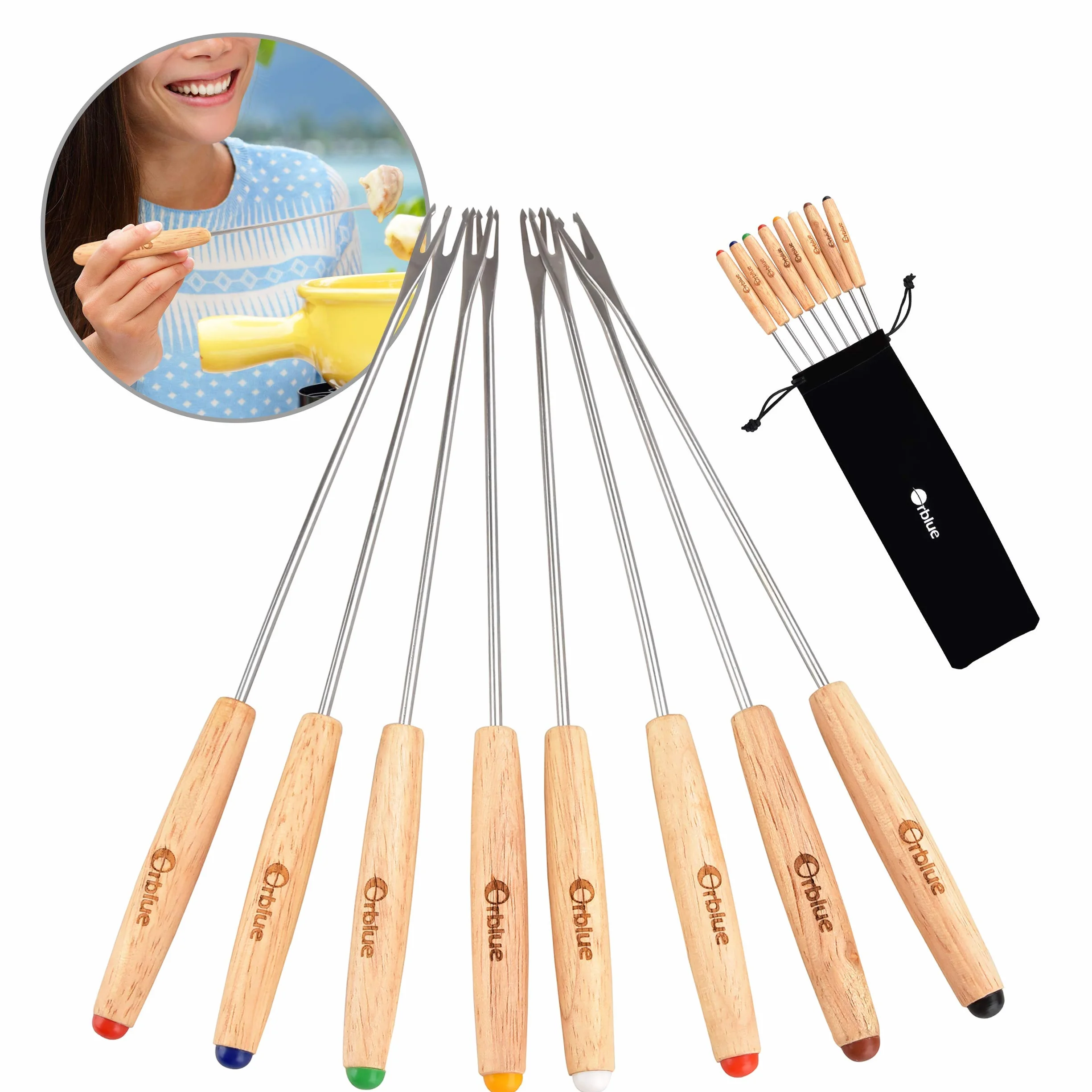 ORBLUE Set 8 Forchette Fonduta Bourguignonne, Manico Legno, Colori Vari - L'ideale per le tue Cene Conviviali