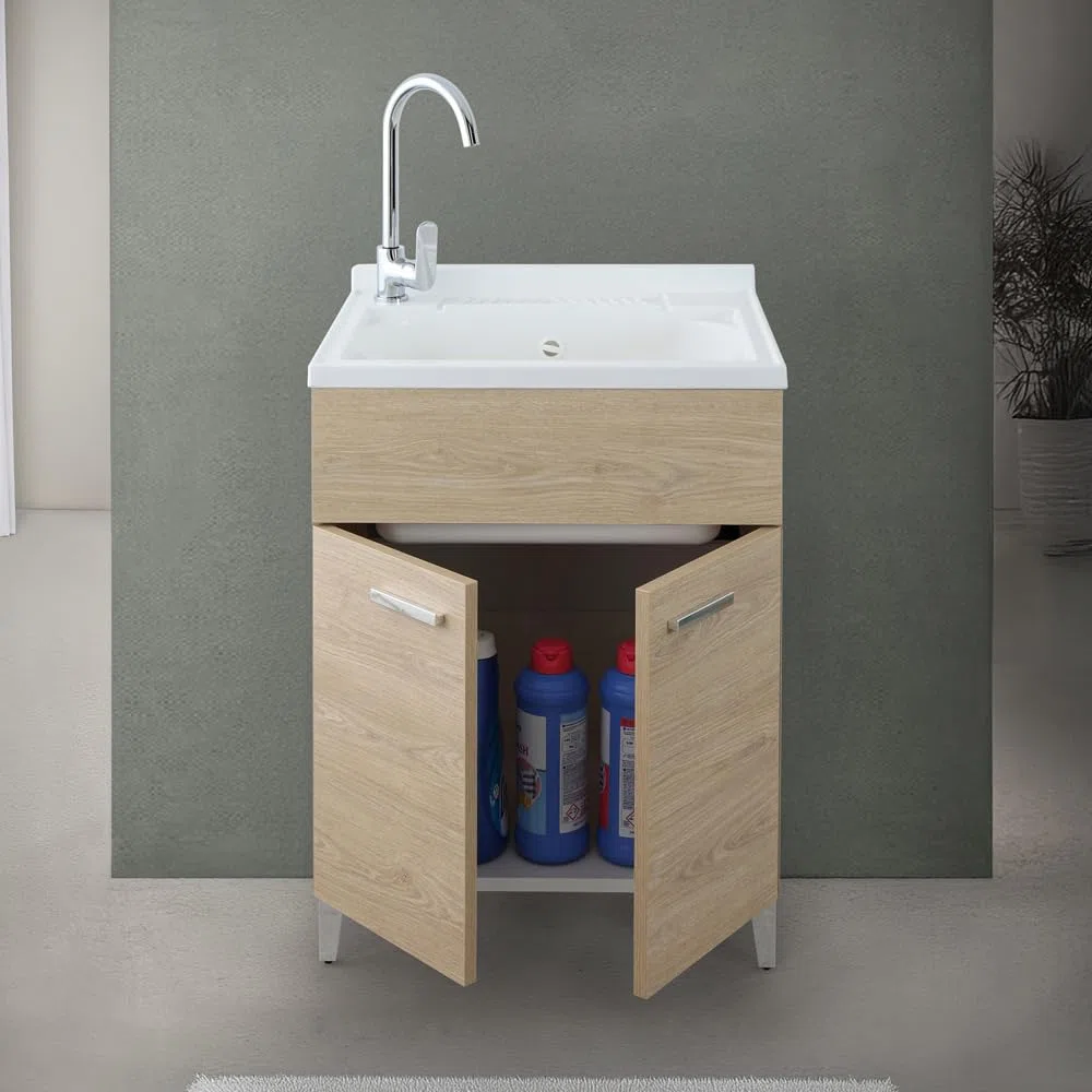 Mobile Lavatoio 60X50 Cm Con Vasca In Resina Bianca, Asse Lavapanni, Struttura In Legno Nobilitato Rovere Con Un’Anta Apribile Mediante Maniglia Cromata, Già Montato Con Kit Di Scarico Incluso