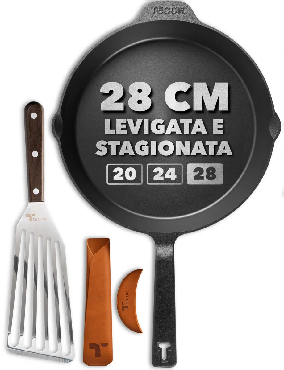 TECOR padella ghisa induzione 28 cm levigata - Naturalmente antiaderente e universale per tutte le fonti di calore - Resistente e versatile per cuochi amatoriali e professionisti - Cast Iron Skillet
