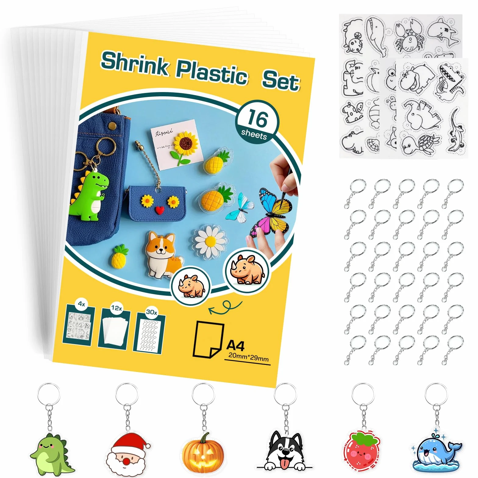 SZEBISOA 46 Pezzi Plastica Termoretraibile Kit (12 fogli plastica termoretraibile A4, 2 A4 e 2 A5 con motivi, 30 anelli portachiavi) Shrink Plastic set creativo fai da te.
