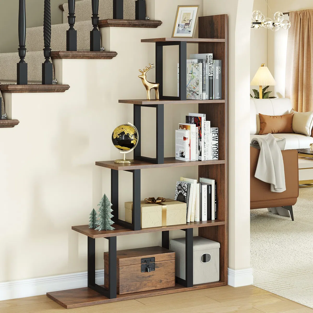 YITAHOME Libreria a 5 livelli, libreria angolare a forma di L, stile industriale, vintage, per soggiorno, camera da letto, corridoio, ufficio, marrone retrò