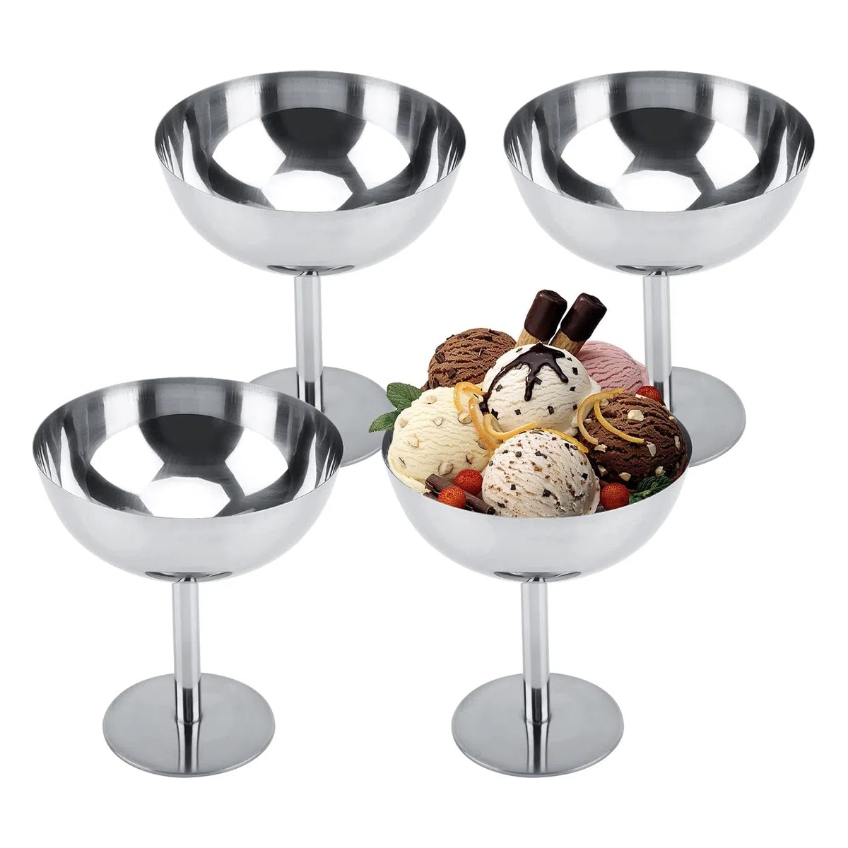 4 Pezzi Coppe Gelato, Ø 10cm 200ml Tazza per Gelato in Acciaio Inossidabile Vintage Ciotola per Gelato Rotondo da Dessert con Piede, Bicchieri da Gelato Yogurt Snack Tazze Caramelle Ciotele (Tall)