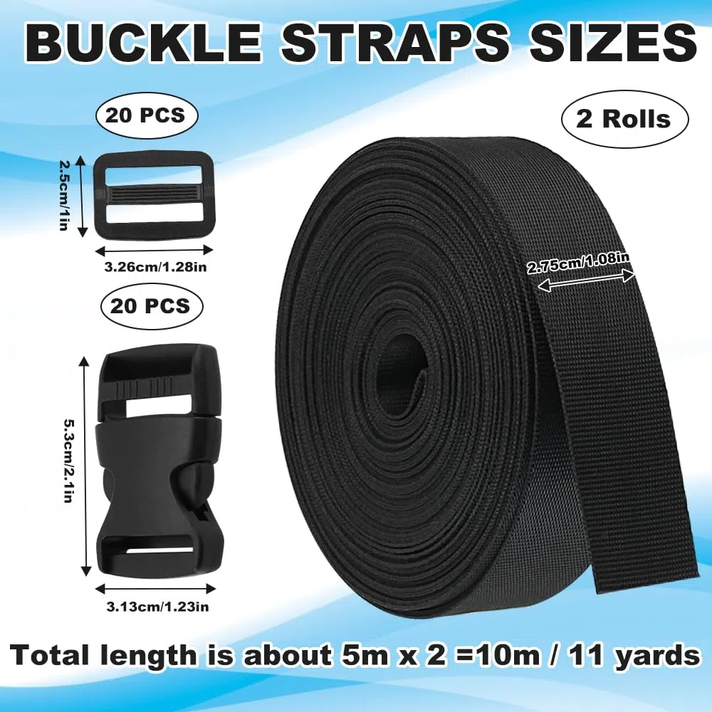 Fettuccia Nylon 10M, 20 Paia Fibbie a Scatto Doppie Fibbie per Guinzaglio, Fibbia Zaino, Nero Fettuccia Zaino, Fibbie in Plastica Regolabili, Cinghie Zaino Fettuccia per Cinturino Fai da Te
