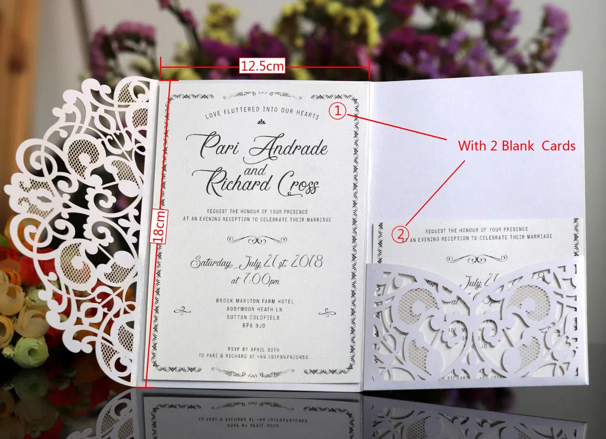 10 Pezzi Matrimonio Invito, Carte di Invito a Nozze, Hollow Floral Design, con 2 Carte Vuote, Blu Navy
