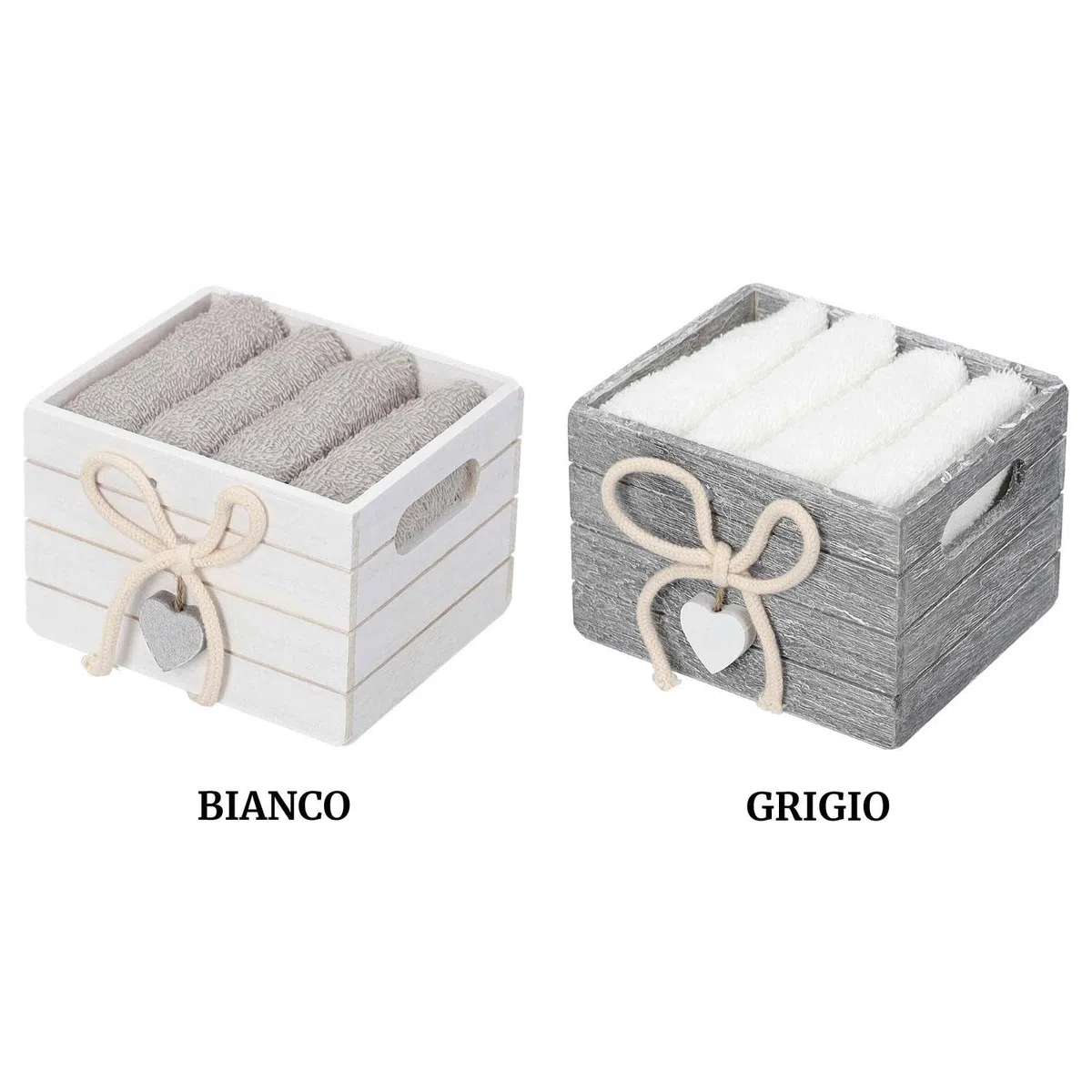 Set 4 Lavette Bagno con Cestino in Legno Bruges Asciugamani Piccoli Ospiti con Cestino. - Bianco