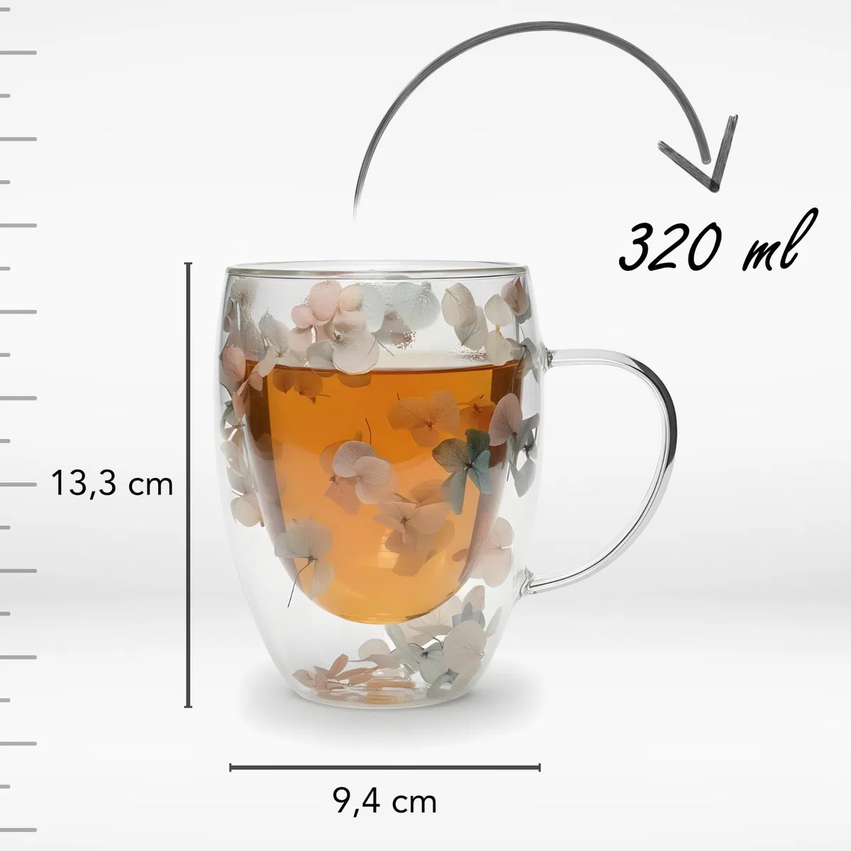 Tazza da te con infusore e coperchio in vetro a doppie pareti, con fiori, 320ml, lavabile in lavastoviglie, per tisane
