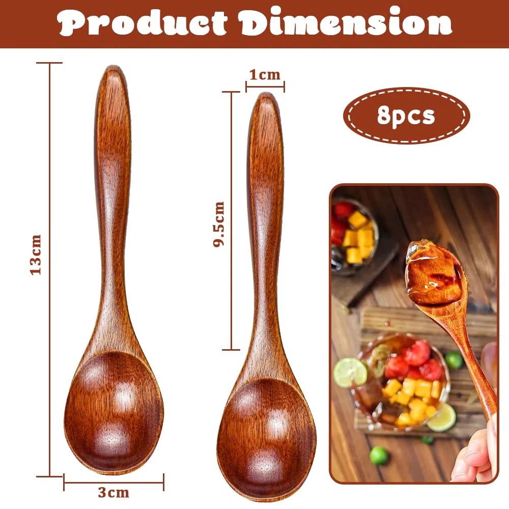 LPAMABA 8 Cucchiai in Legno Naturale da Zuppa e Minestra 13x3 cm - Stile Giapponese per Ramen, Miele, Caffè, Riso e Dessert