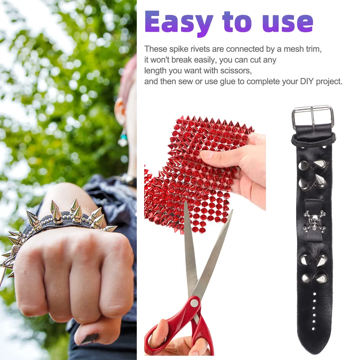 Swpeet 3 Yards 3 colore cucire punto su Spike Stud Set, oro nero argento Cono albero Spike Stud rivetti Punk Rock Trim perlina, rivetti in rete perline per abbigliamento stile Punk fai da te