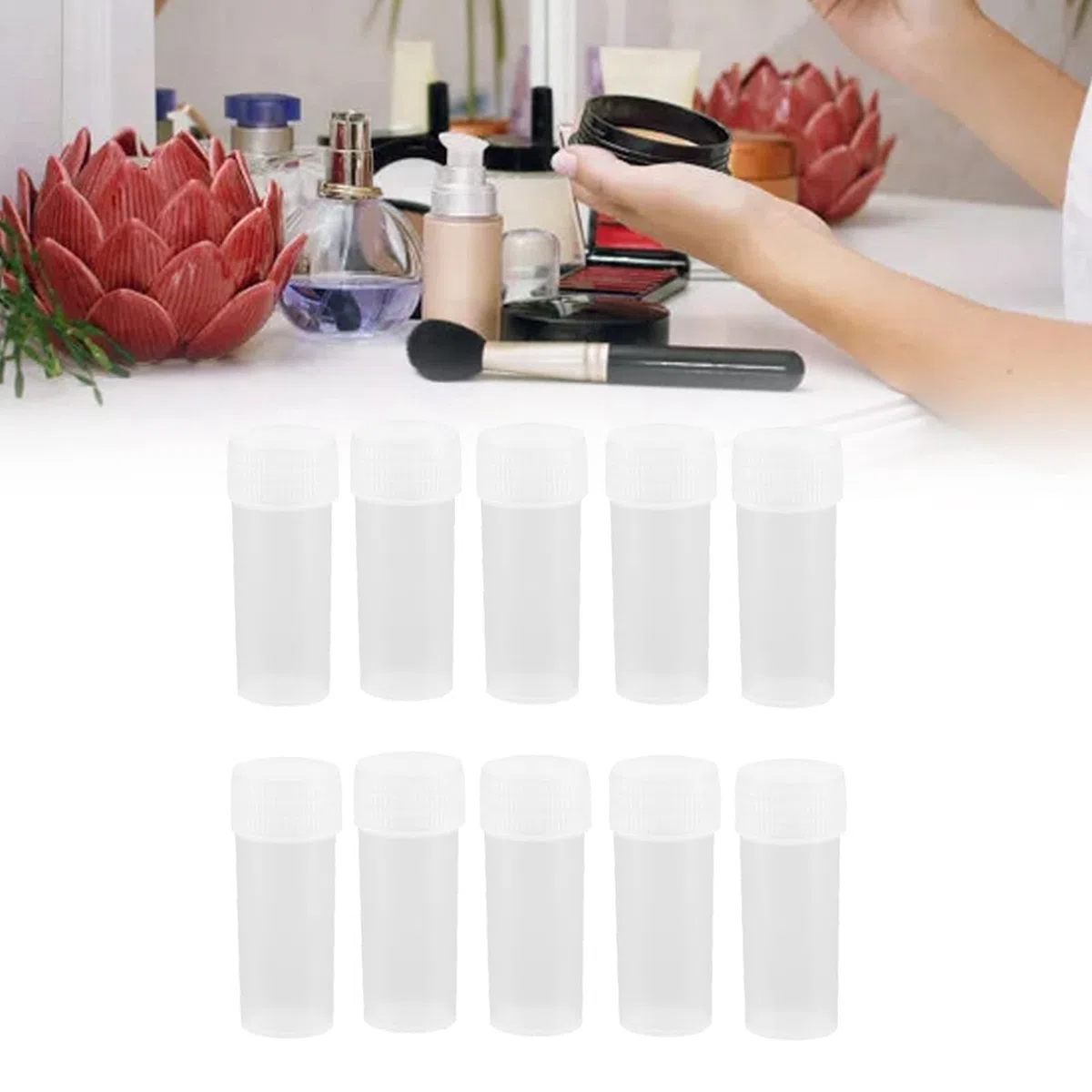 Bottiglie Campionamento Plastica Trasparente, 5 ml, 50 Pezzi, PE, Chiusura Ermetica, per Polvere, Solidi, Pillole, Semi