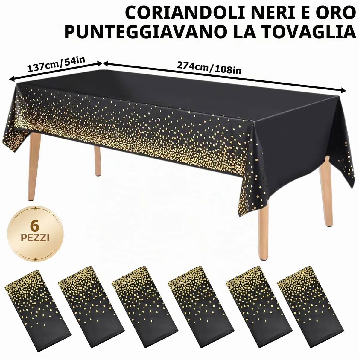 Nizirioo 6 tovaglie usa e getta, impermeabili, rotolo di carta, per feste, a pois, rettangolare, adatta per decorazioni di compleanno, matrimonio, 137 x 274 cm (nero)