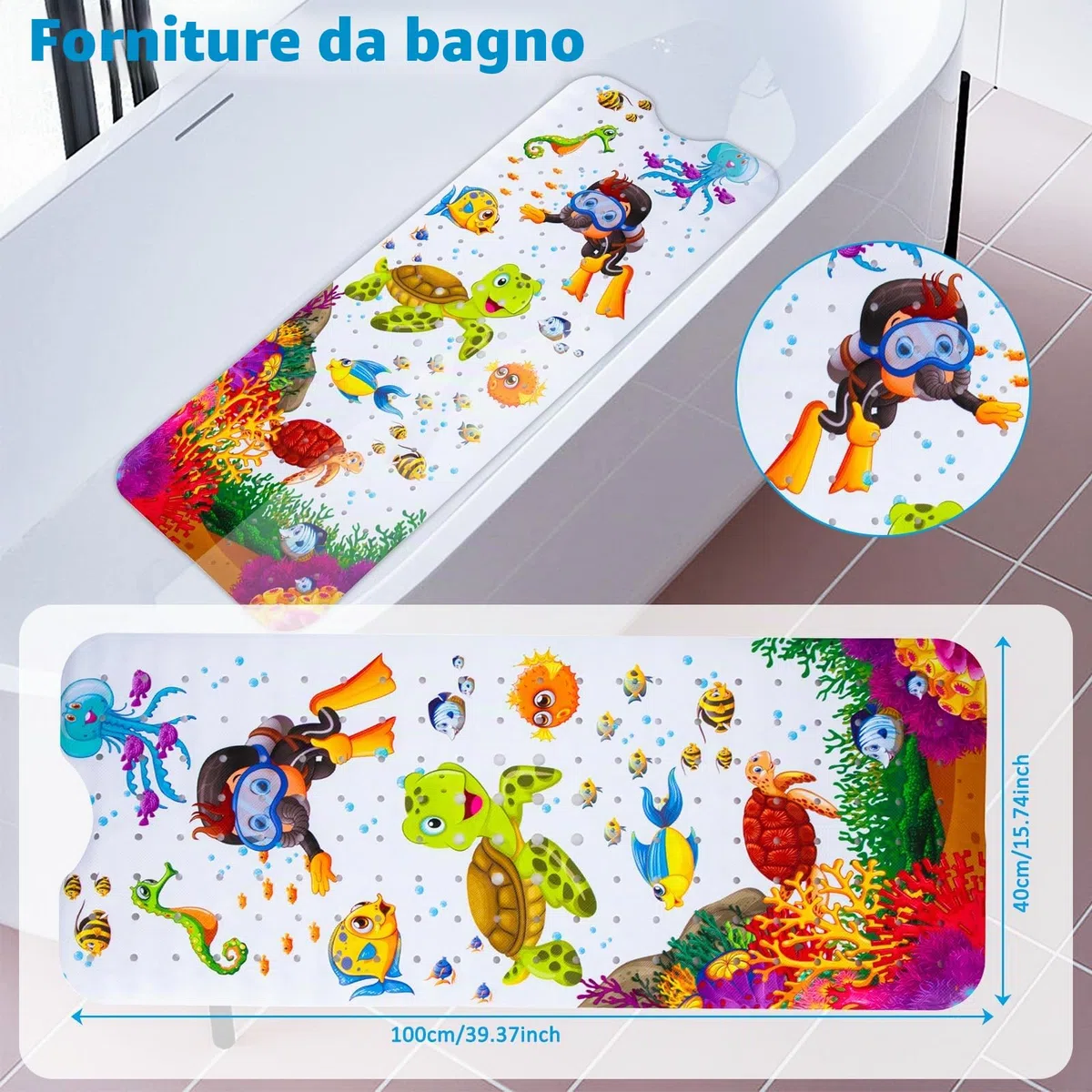 Tappetino Doccia Antiscivolo, 100 x 40cm Tappeto Antiscivolo Bambini per Vasca da Bagno, Doccia, Resistente Alla Muffa e Lavabile in Lavatrice-Senza BPA (C)