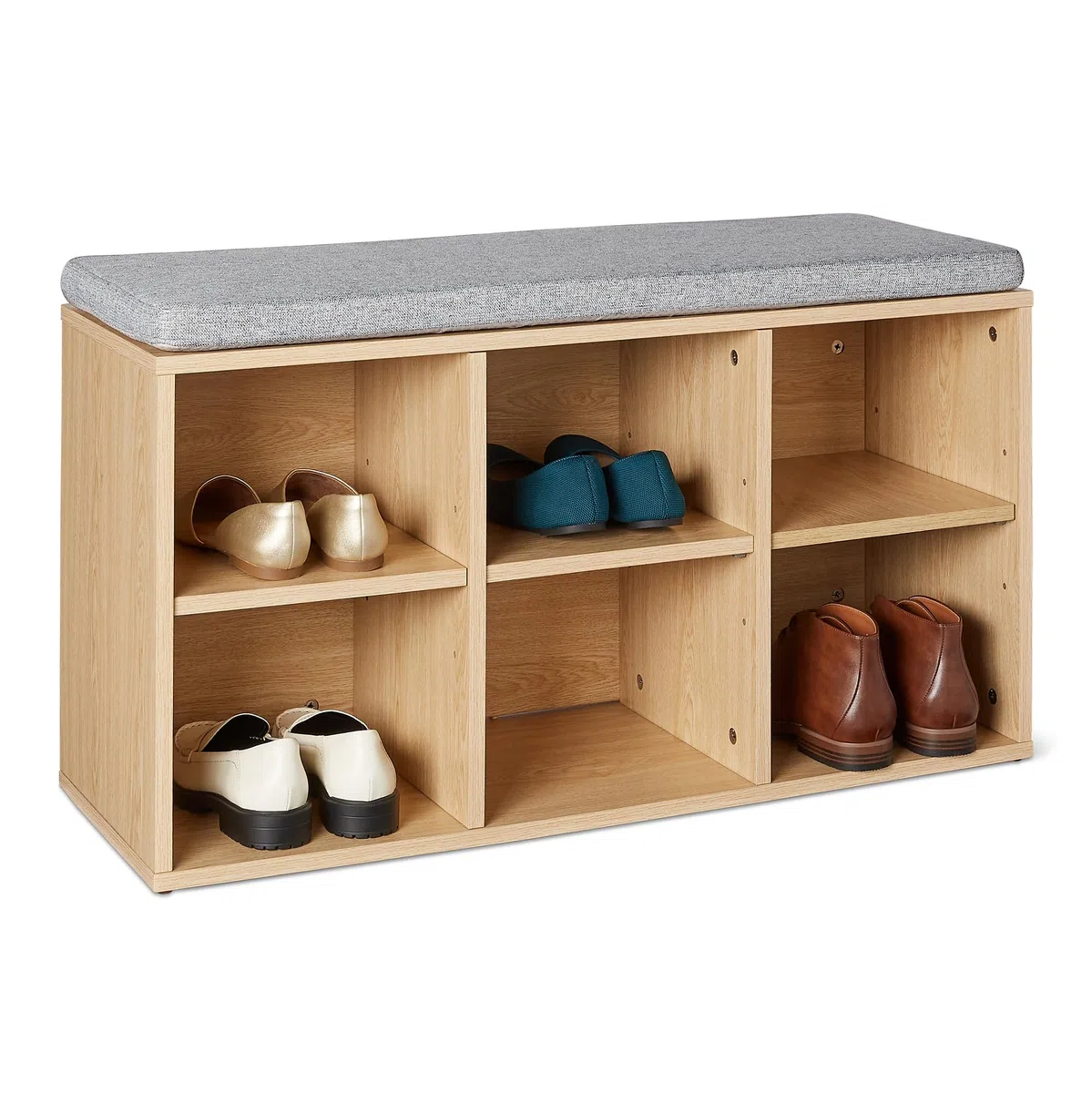 Amazon Basics - Scarpiera con Cuscino, Scarpiera con 6 Scomparti, Ripiani Regolabili, per Ingresso, 87 x 30 x 48cm, Rovere