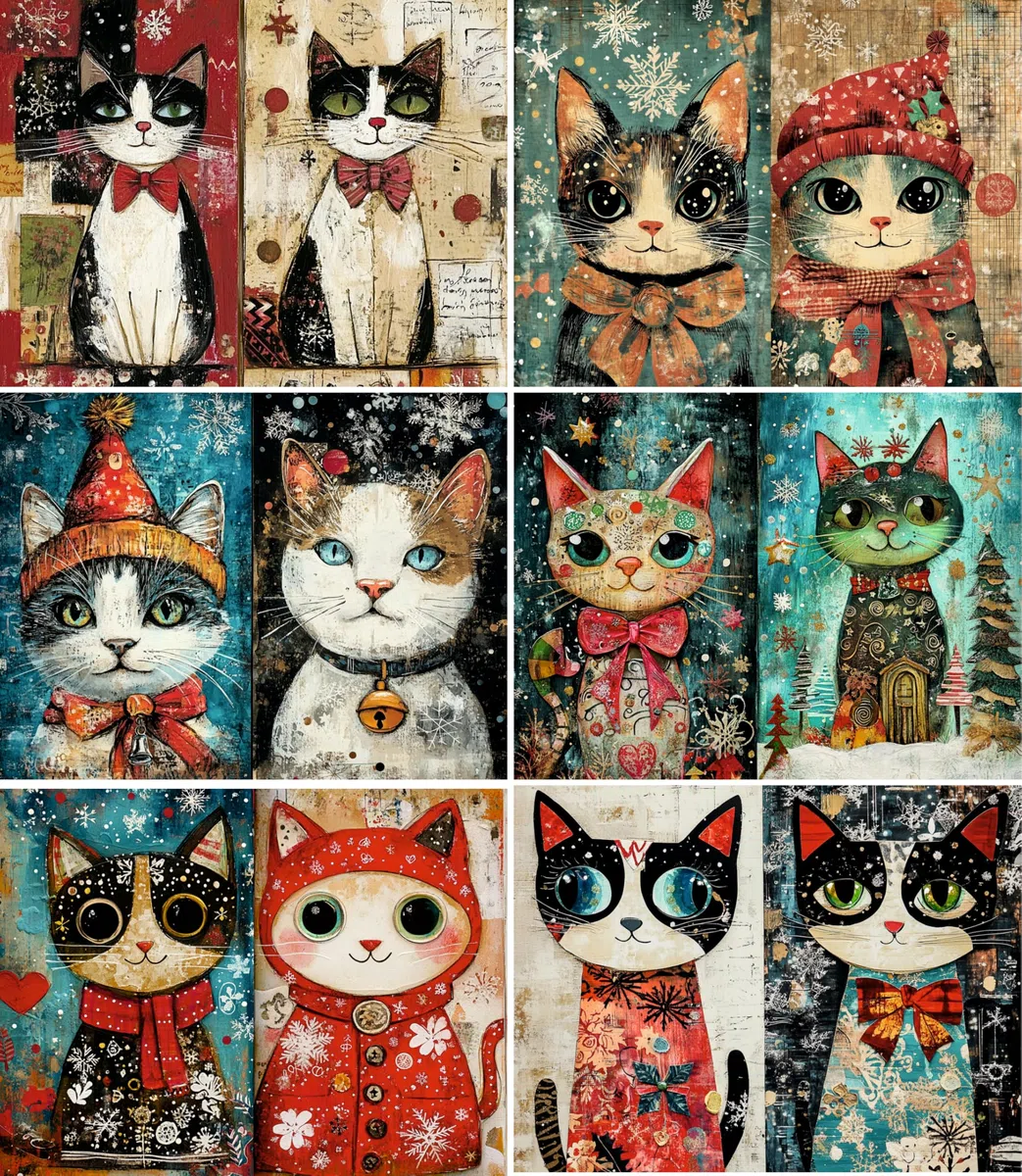 Carta di riso per decoupage con gatti natalizi, 21 x 26,5 cm, 6 fogli | 6 disegni unici | Design natalizio versatile per progetti artistici e artigianali CRAFT KREATIVELY
