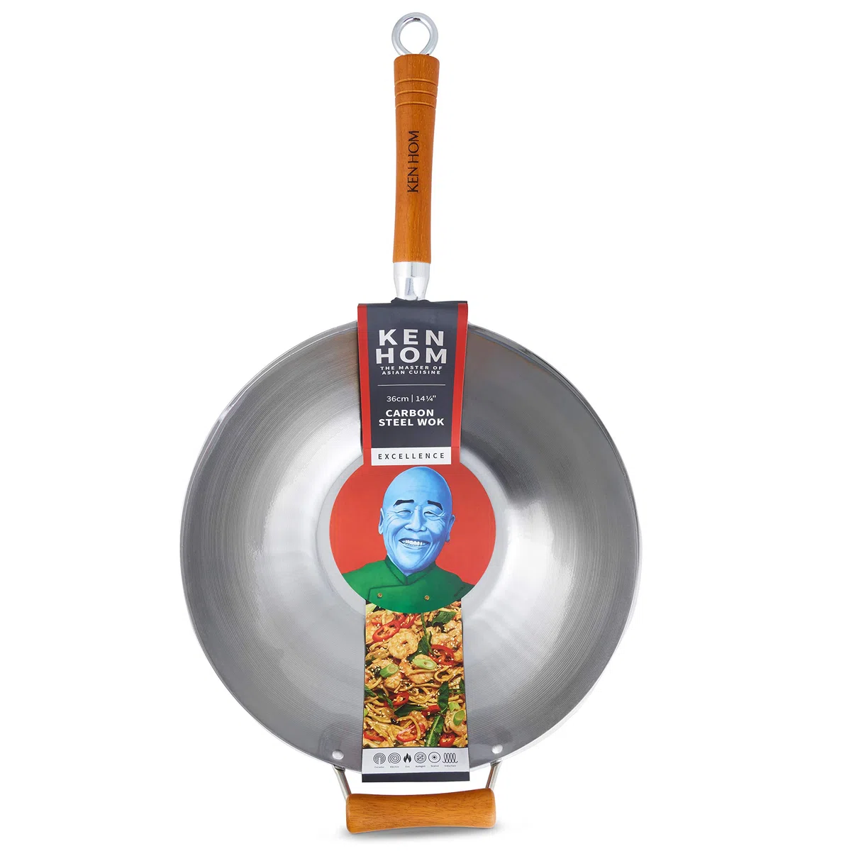 Ken Hom Wok Tradizionale Acciaio al Carbonio, 36cm, Excellence, Padella a Induzione, Compatibile con Utensili in Metallo, Non Lavabile in Lavastoviglie