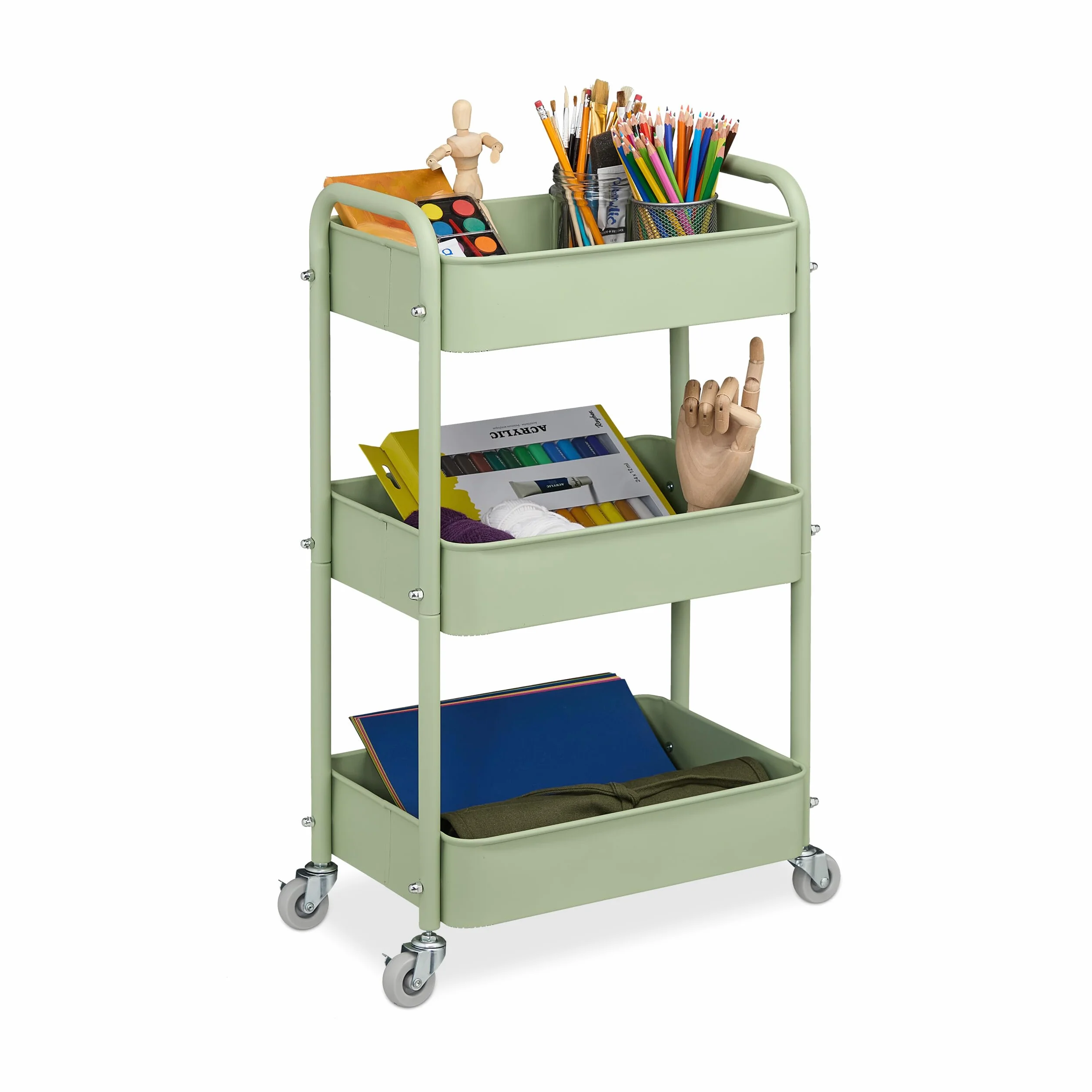 Relaxdays Carrello da Cucina con Ruote, 3 Ripiani, Carrellino Portaoggetti Bagno, Detersivi, 71,5x43,5x29,5 cm, Verde