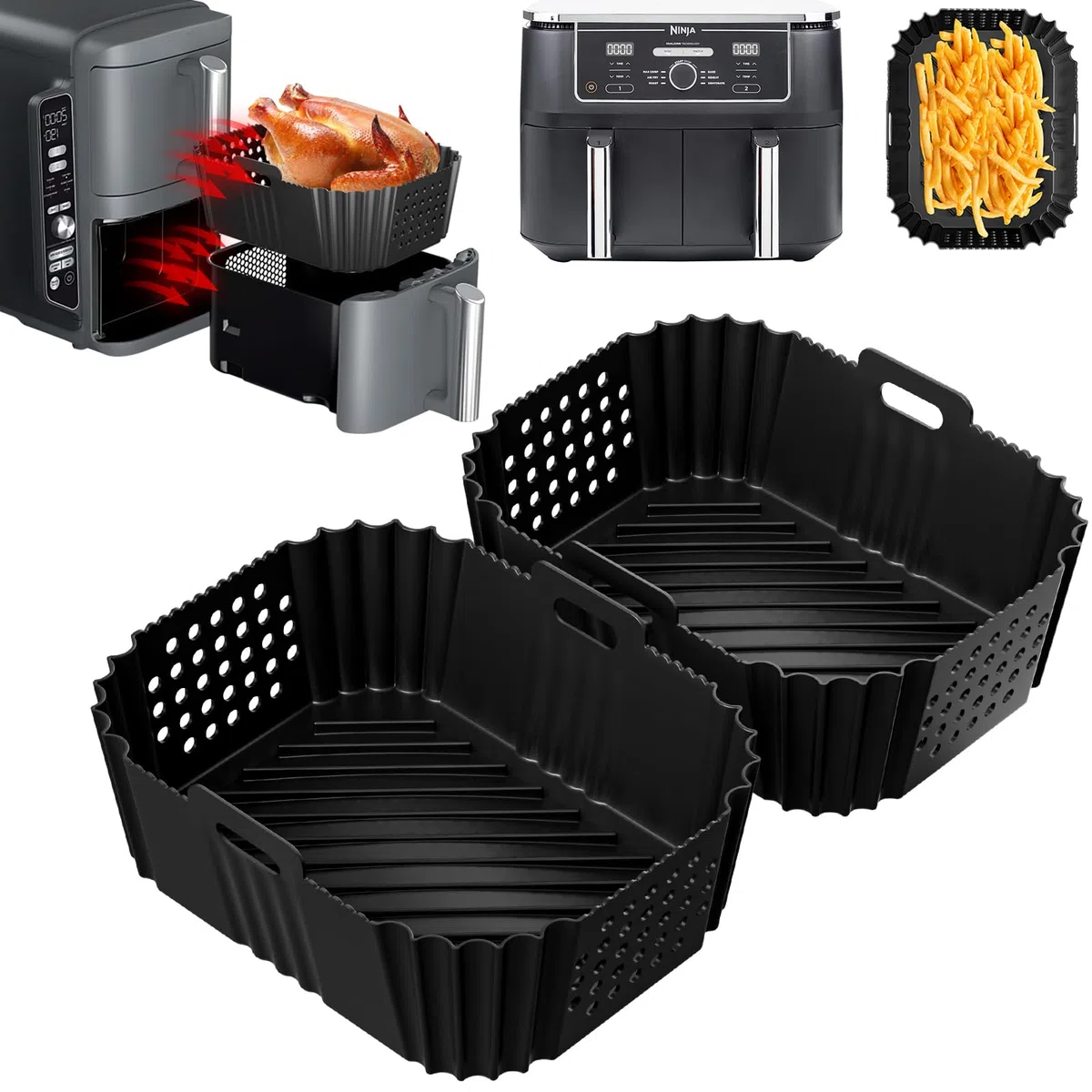 2Pezzi Accessori Friggitrice ad Aria per Ninja Double Stack XL Friggitrice Verticale 9.5L SL400EU, Foodi Max Dual Zone AF400EU, AF300EU 7.5L, Silicone Teglia per Friggitrice ad Aria