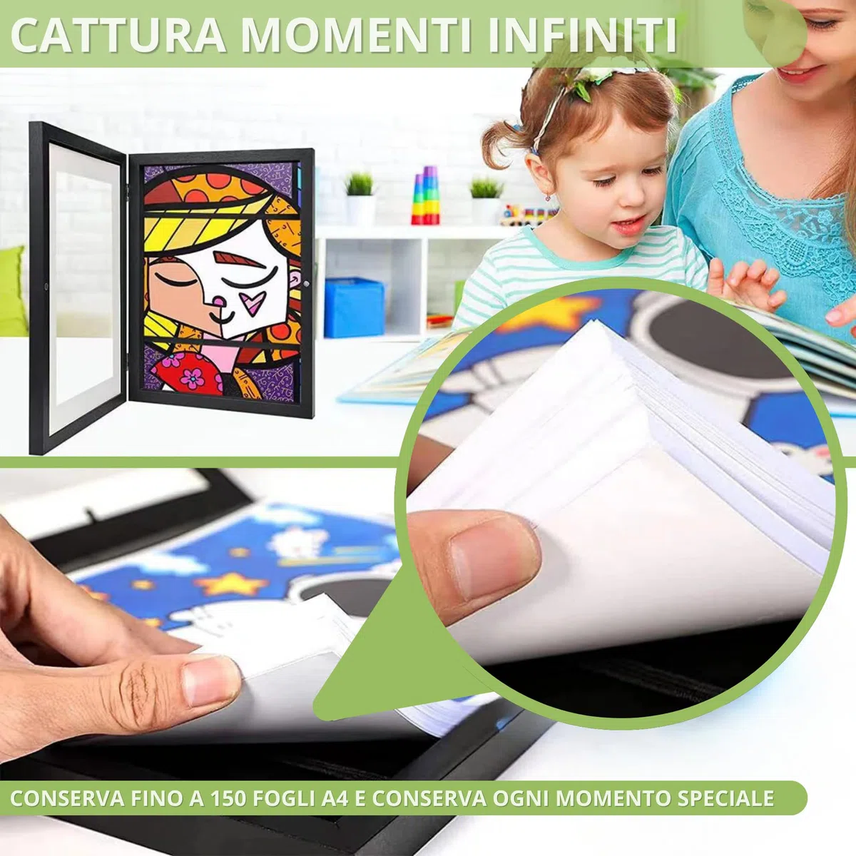 Cornice per Disegni Infantili - Cornice per Conservare Disegni - Apertura Frontale Magnetica e Chiusura Magnetica - Contiene fino a 150 Disegni - Design Bianco - Cornice A4 (21 x 29,7 cm)