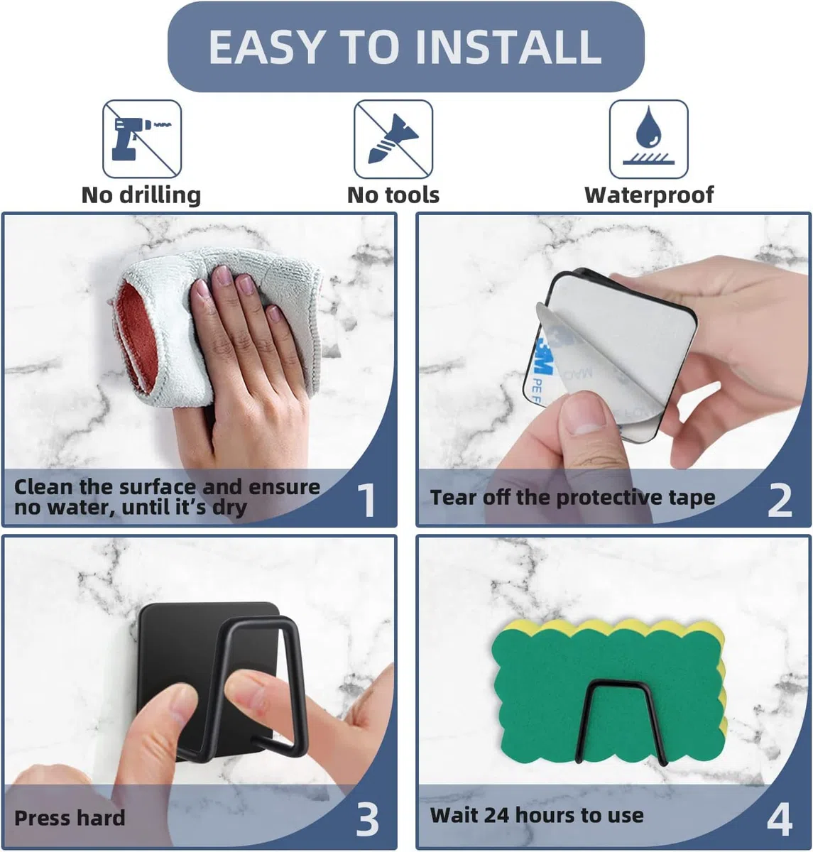 Guidre 6 Pezzi Portaspugna Porta spugnetta in Acciaio Inossidabile 304, Autoadesivo-Pratico Accessorio per lavello-Gancio Adesivo,Organizer,organizzazione in Cucina e Bagno (Nero)