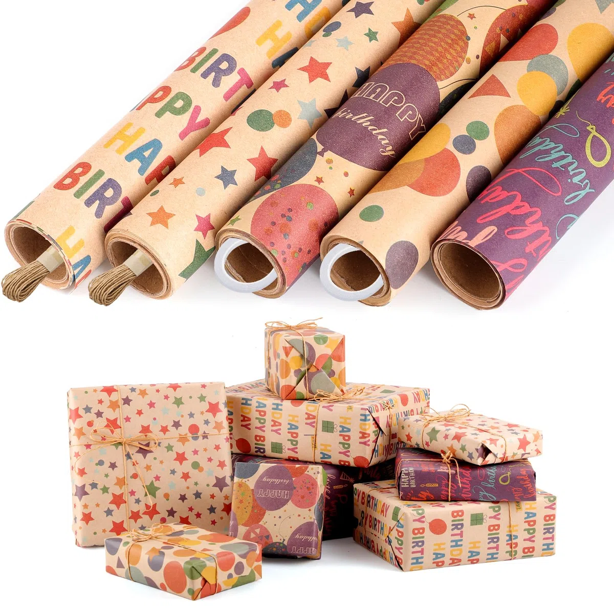 woric 5 rotoli di carta da regalo di compleanno, 43 cm x 3 m rotolo di carta da regalo kraft regalo per baby shower festa di compleanno (accessori all'interno del rotolo di carta da imballaggio)