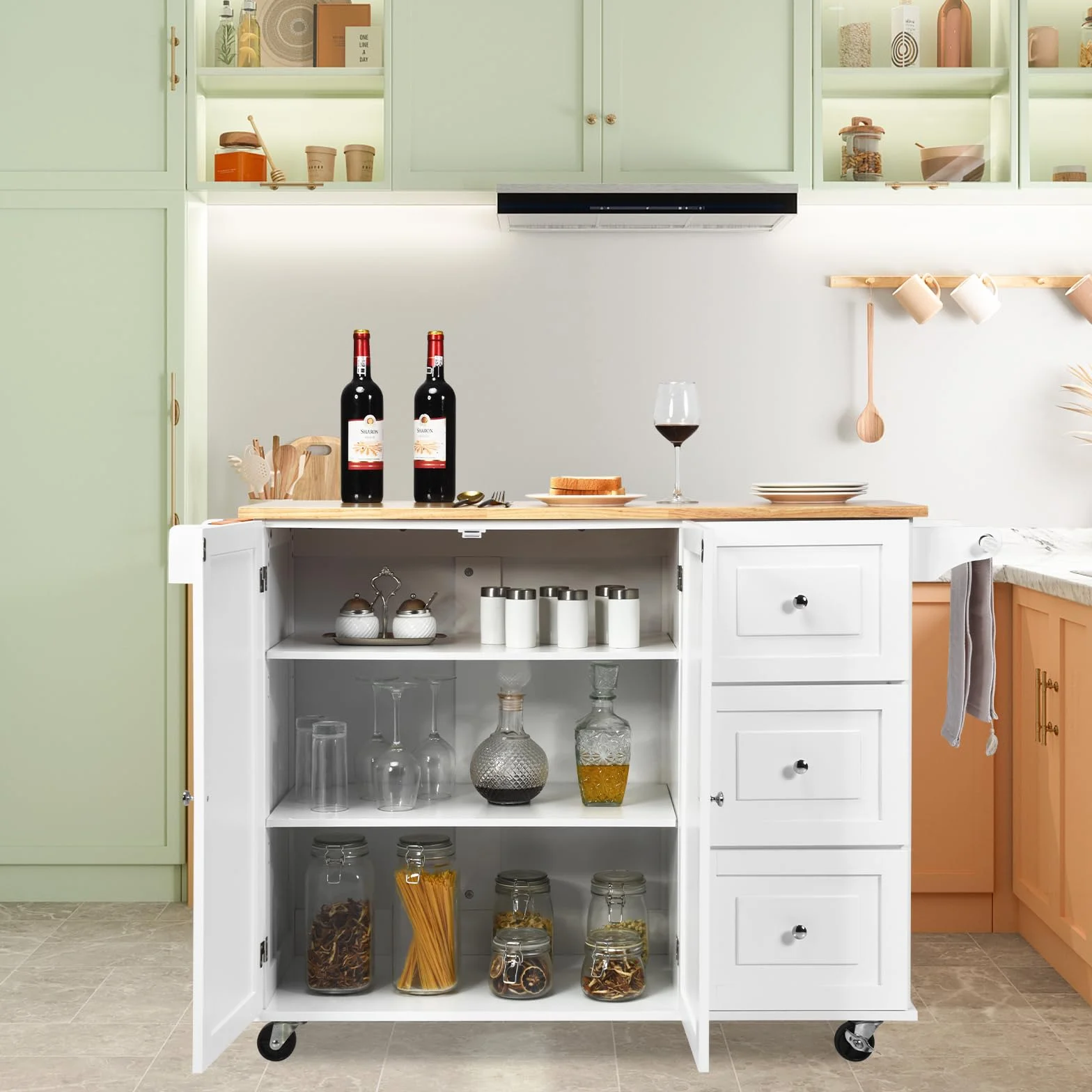 KOMFOTTEU Carrello da Cucina con Pannello Pieghevole Portato fino a 50 kg, Isola da Cucina 43x136x91cm, Carrello Portaoggetti in Legno con Ruote, Multifunzione e Grande, Nero (Bianco)