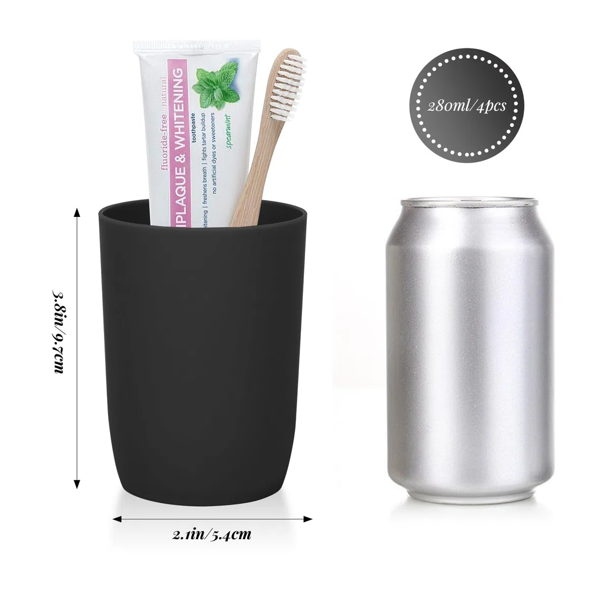 Set di 4 bicchieri per spazzolini da denti, impilabili, 280 ml, per bagno e viaggi, colore: nero AstraLoom