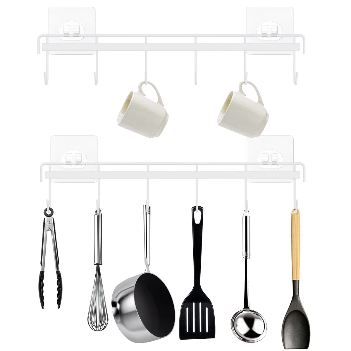 Jeowoqao Ganci per utensili da cucina con 6 ganci salvaspazio da parete, senza fori, ganci adesivi da parete, per cucina, bagno, camera da letto, confezione da 2 (bianco)