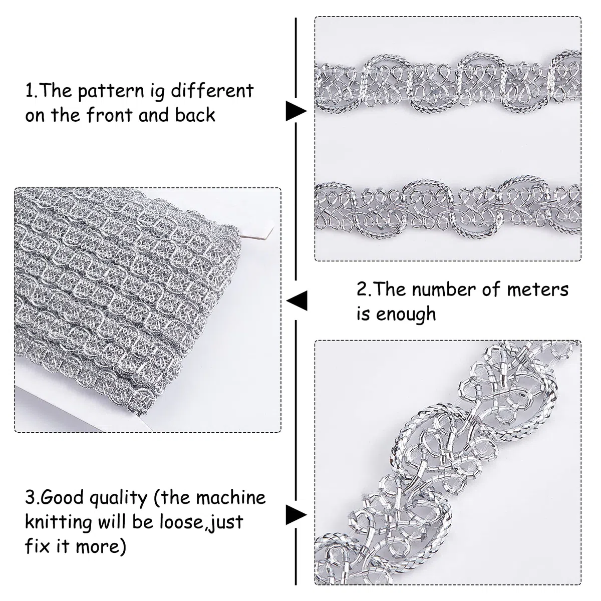 FINGERINSPIRE 25 Yards Metallic Treccia Pizzo Trim, Motivo Foglia 12x1.5mm Argento Millepiedi Pizzo Nastro Decorato Gimp Trim per Matrimoni, Costumi o Gioielli, Artigianato e Cucito