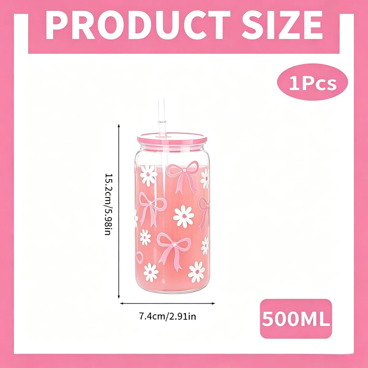 Bicchieri da 500 ml con fiocco rosa, cannucce in plastica con coperchio, tazza per frullati, per feste, baby shower, latte, acqua ghiacciata, succhi di frutta, caffè, bibite, cocktail, bevande fredde