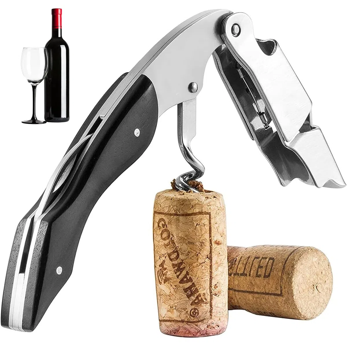 Cavatappi con Manico di Legno Nero, Cavatappi da Sommelier, Cavatappi in Acciaio Inossidabile, per Camerieri Apri Bottiglia Accessori del Vino e Regali(Nero)
