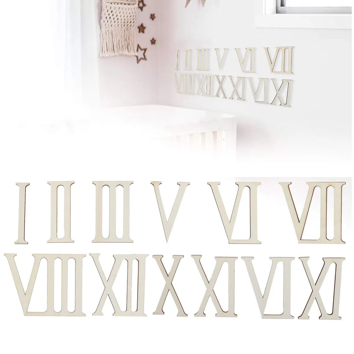 Numeri romani in legno, 12 pezzi Lettere in legno non finite Numeri romani Forme Fette di legno Numeri di orologio fai-da-te Decorazione artigianale 7CM