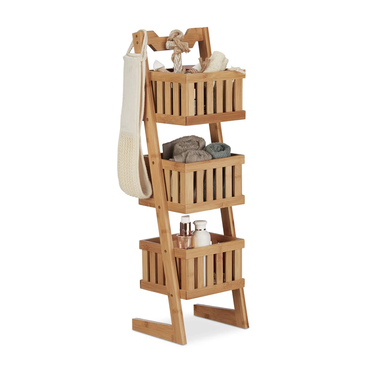 Relaxdays 10021556 Scaffale Bagno Legno, 3 Cestini, Portatile, Cestini Portaoggetti, Salvaspazio, Resistente all'Acqua, Naturale, 77 X 23 X 20 Cm