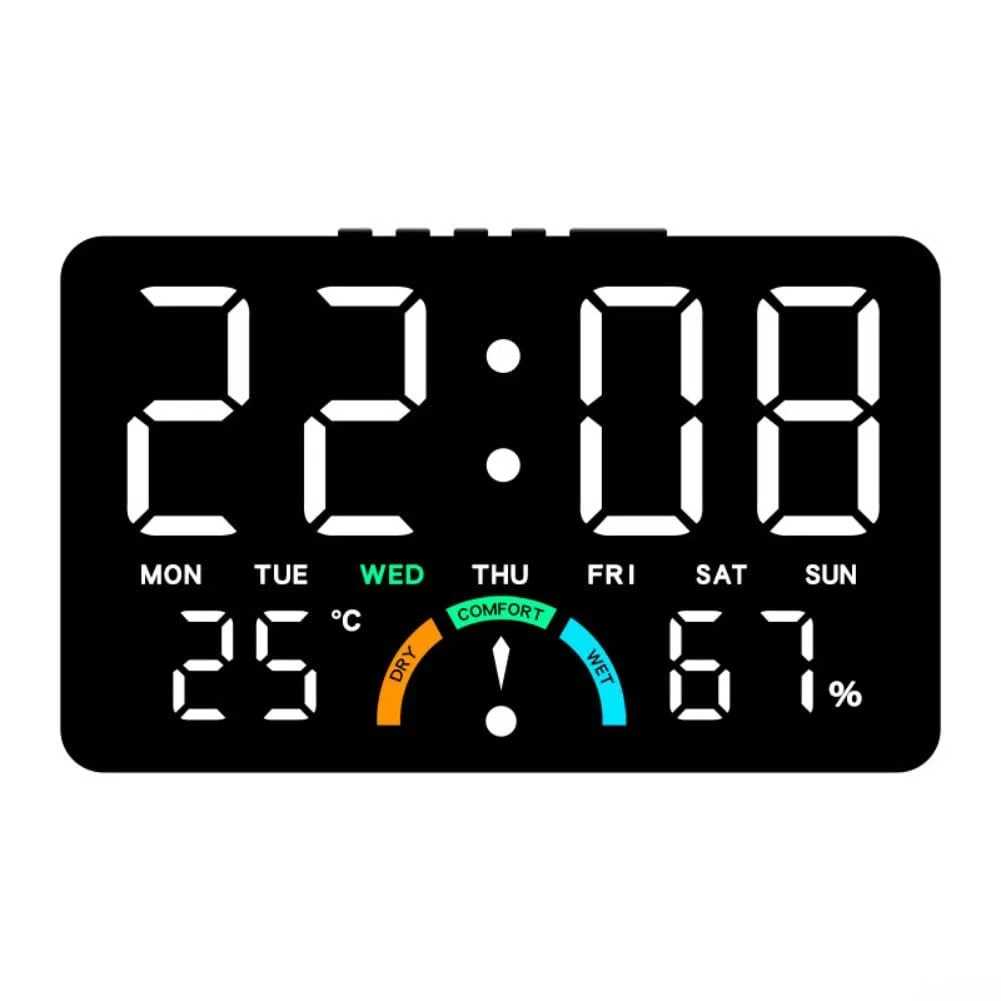 Grande orologio digitale a LED con ora, umidità, temperatura, data, sveglia e indicatori di livello di comfort, progettato per appendere alla parete o da installare in piano (bianco)