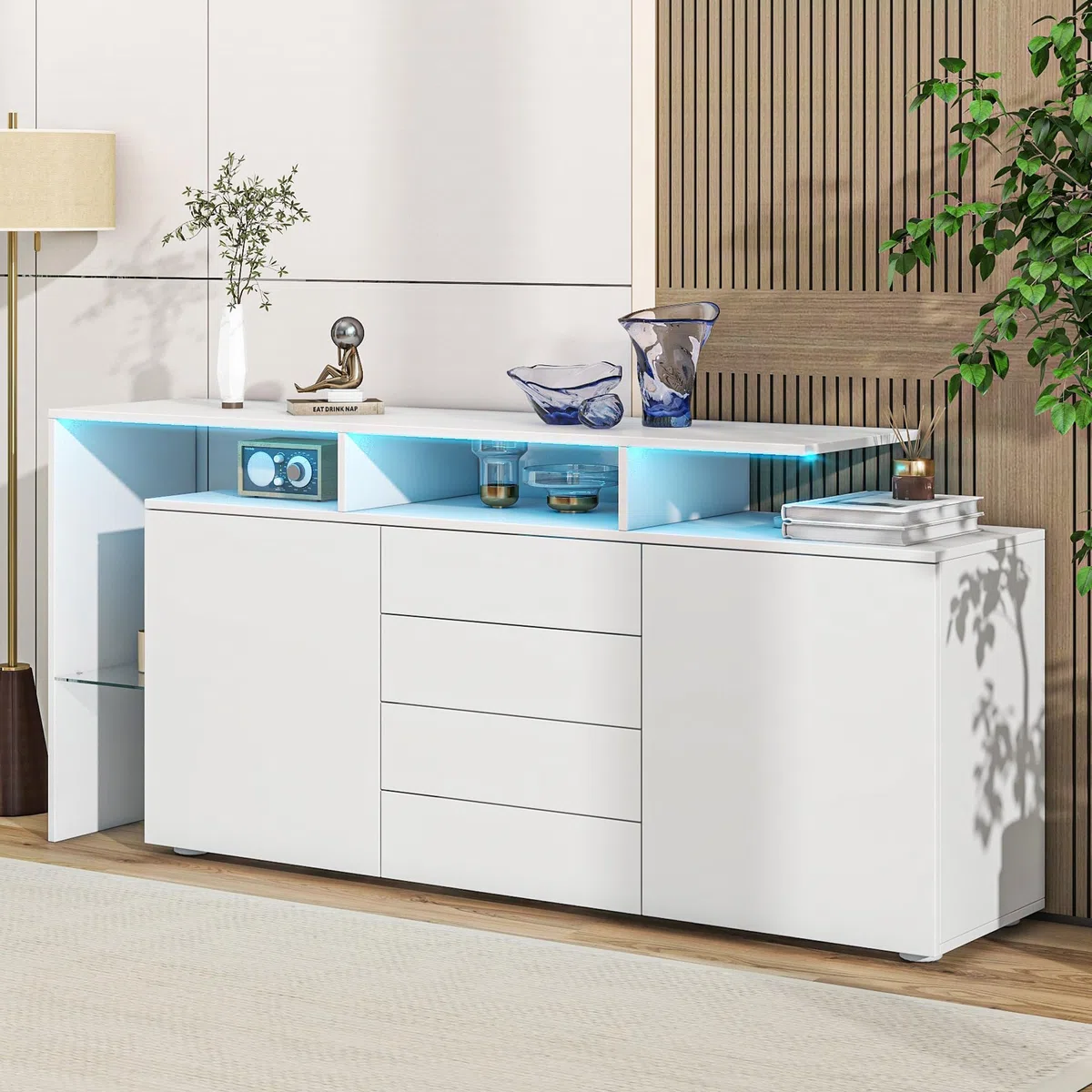Credenza Soggiorno Moderno Lucida, Credenza Cucina Bianca con LED, Mobile Soggiorno Contenitore Buffet Cucina Salvaspazio con 2 Ante e 4 Cassetti, con Divisori in Vetro, Bianco, 160x35x70cm