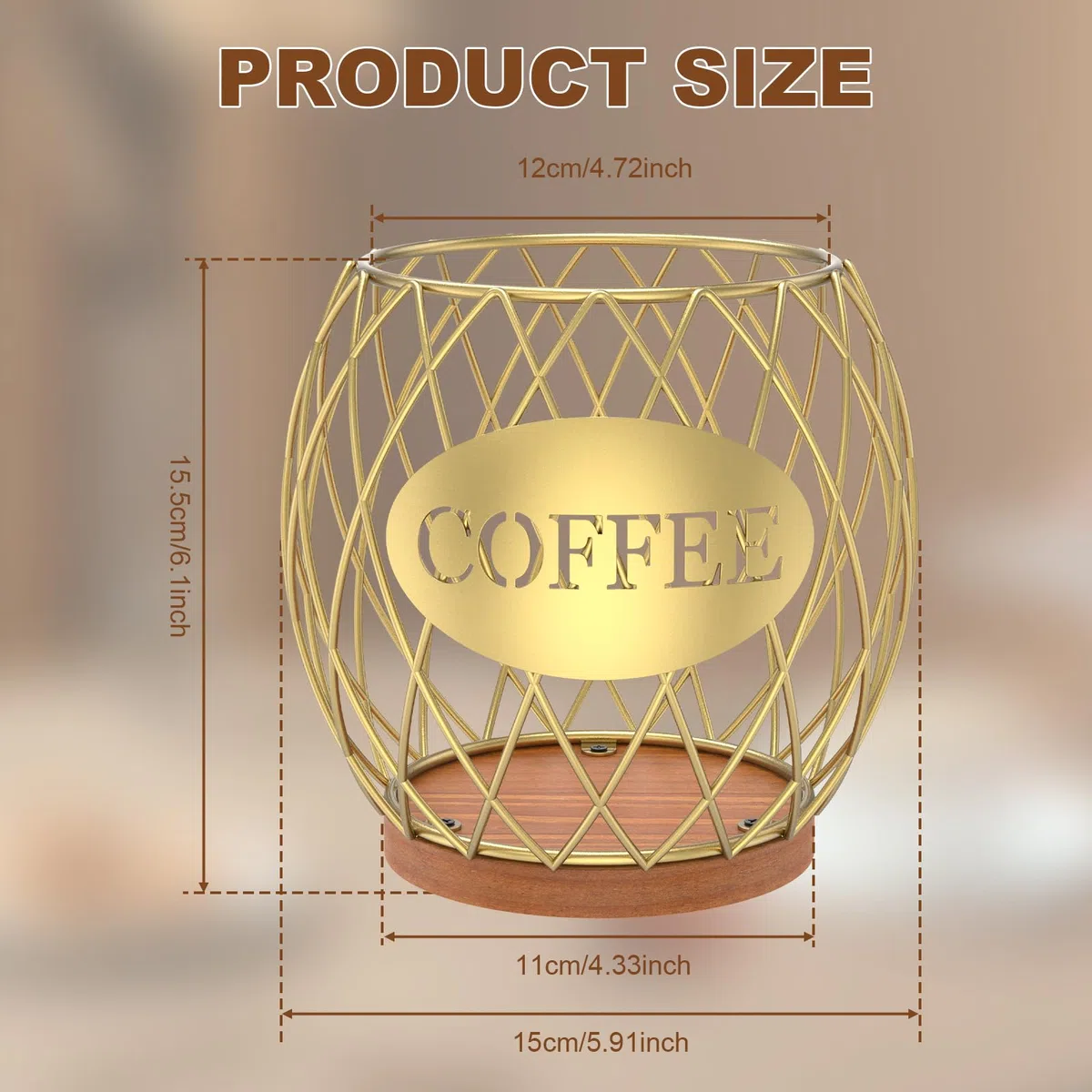 Cestino da caffè, 15 x 15 x 15,5 cm, in metallo, per capsule di caffè, per casa, cucina, bar, pub, bustine di tè (oro)