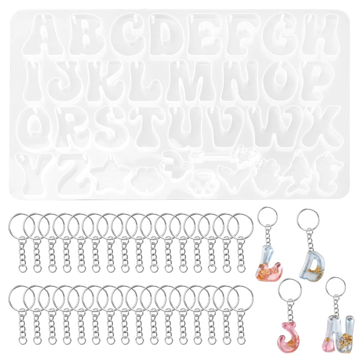 VOSSOT Stampo per Alfabeti in Resina Epossidica Set, Stampo in Silicone Perforato a Forma di Lettera Silicone con Anello Divisorio, Resina Epossidica Stampo per Portachiavi Fai da Te Gioielli Numero