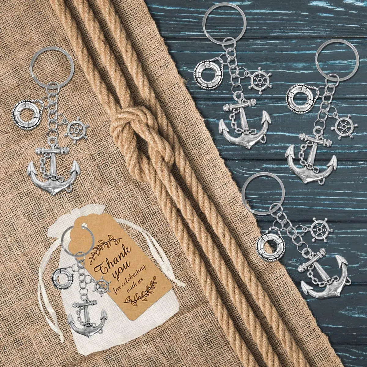 Set di 10 portachiavi a forma di ancora, bomboniere per gli ospiti, souvenir creativi con sacchetti regalo con coulisse ed etichette di ringraziamento per decorazioni a tema nautico per